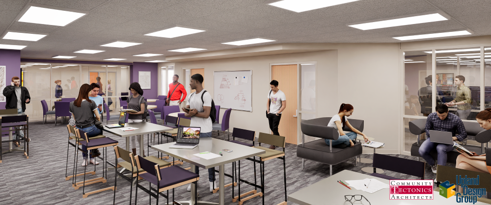 Rendering of the renovated Johnson Hall student lounge with collaborative tables, seating areas, and students working and socializing.