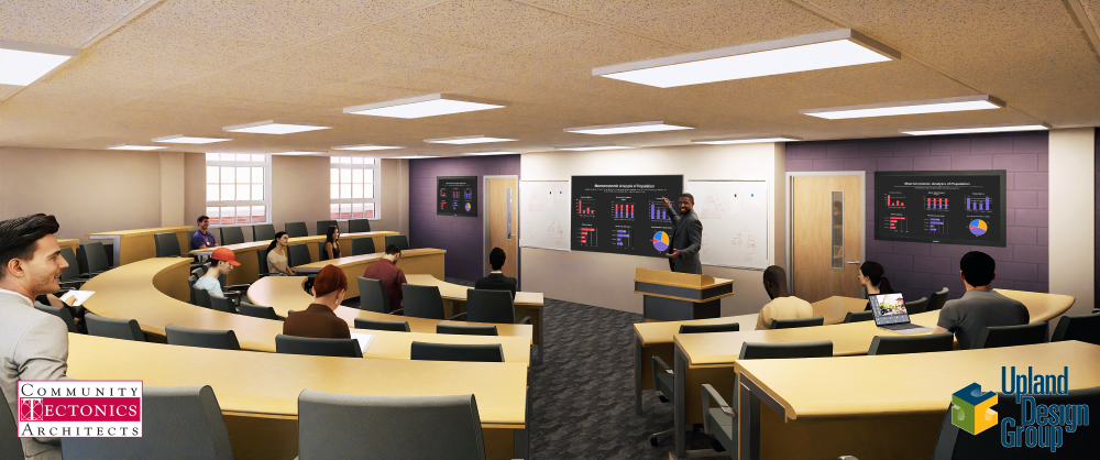 Rendering of a renovated Johnson Hall tiered classroom with curved seating, desks, and digital displays at the front.