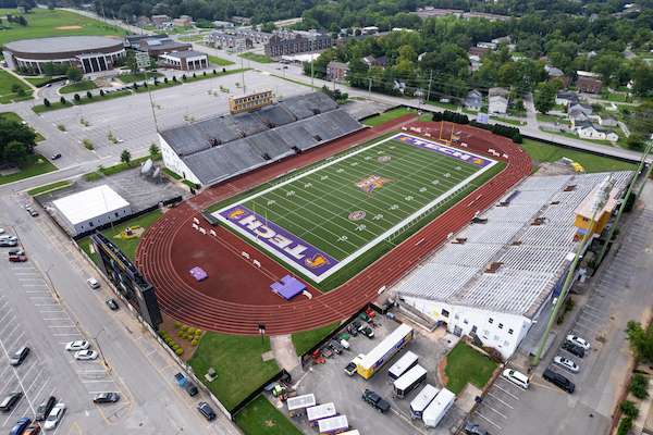 Aerial view of Tucker Stadium on the Tennessee Tech campus.