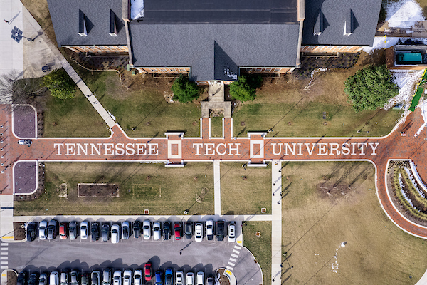 Aerial view of Wilmore Way pedestrian walkway with Tennessee Tech University inlaid stone within brick pavers.