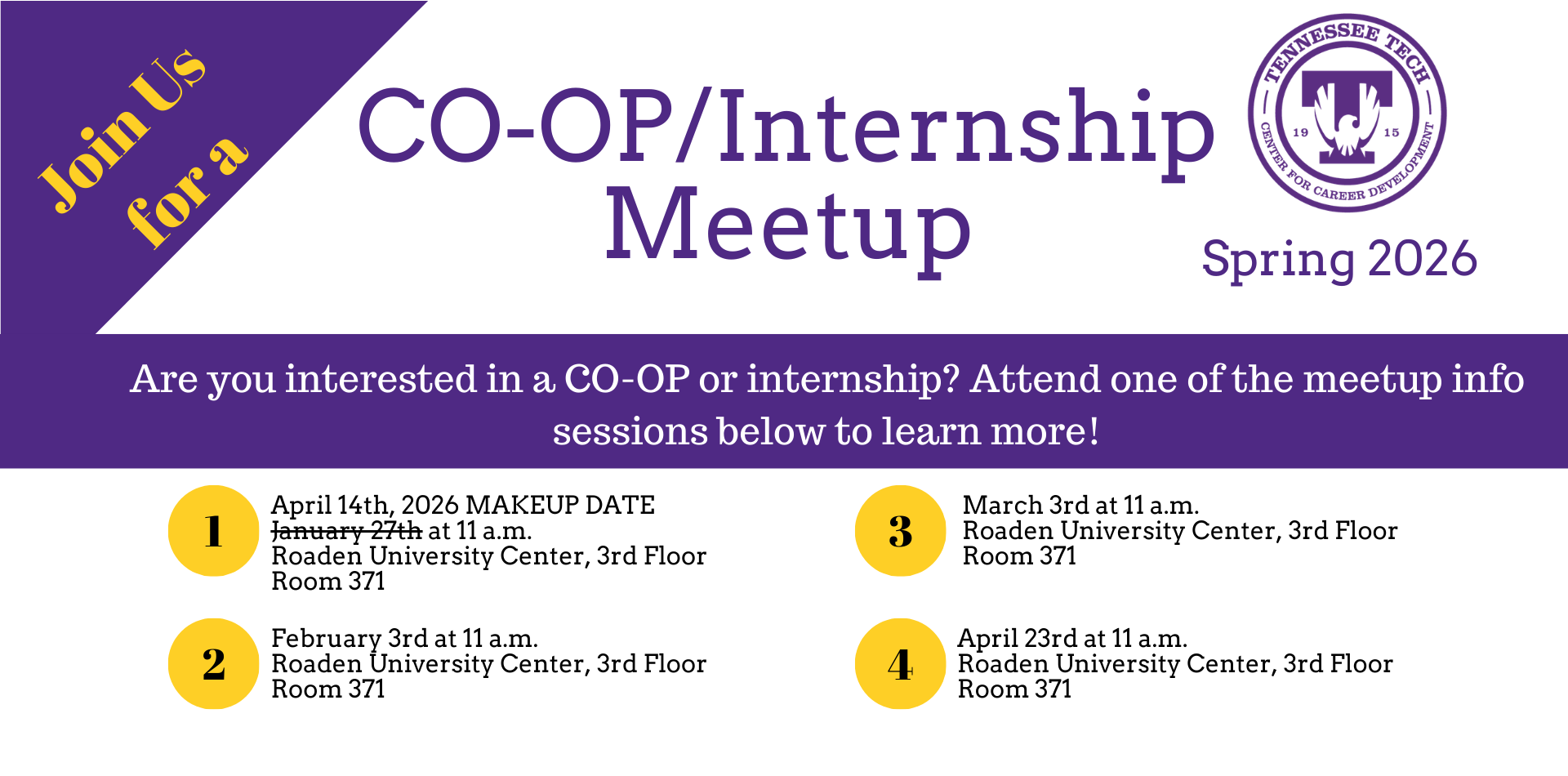 Co-op/Intern meet on Apr 14 at 11 in RUC room 371, Feb 3 at 11 am in RUC room 371, Mar 3 at 11 am in RUc room 371, or Apr 23 at 11 am in RUC room 371