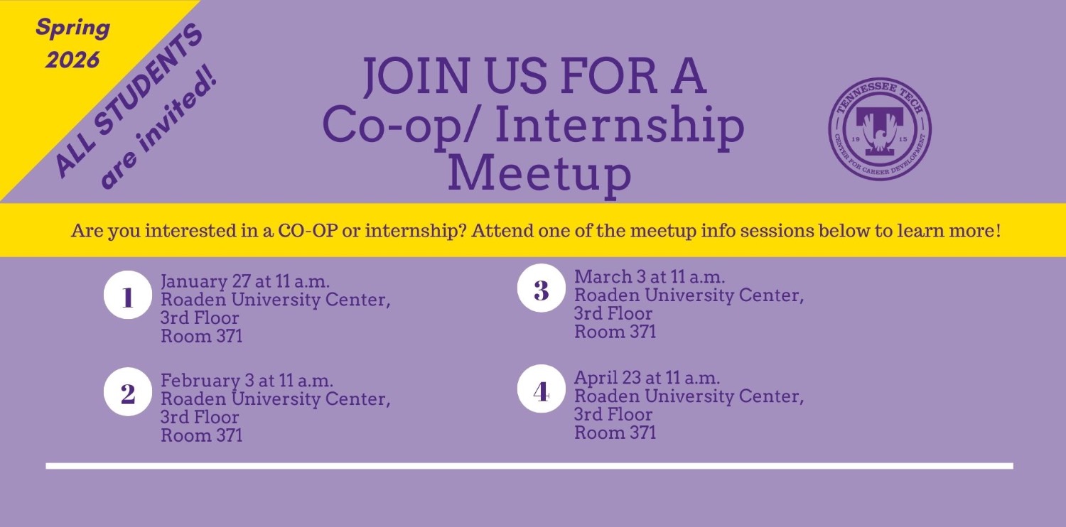 Co-op/Intern meet on Jan 27 at 11 in RUC room 371, Feb 3 at 11 am in RUC room 371, Mar 3 at 11 am in RUc room 371, or Apr 23 at 11 am in RUC room 371
