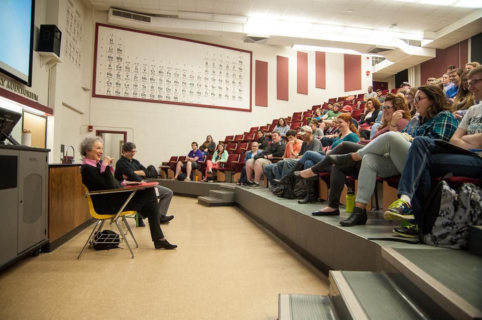 Margaret Atwood speaking with an audience