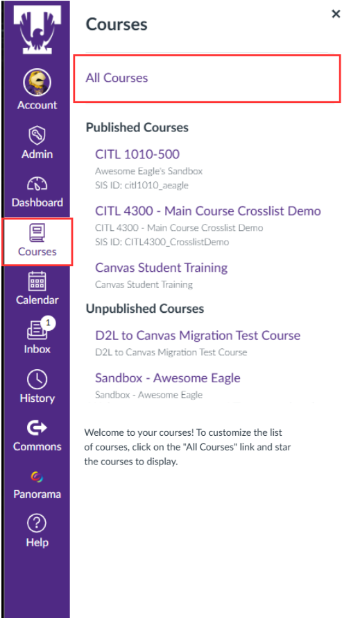 Canvas navigation bar with Courses and ALl Courses highlighted