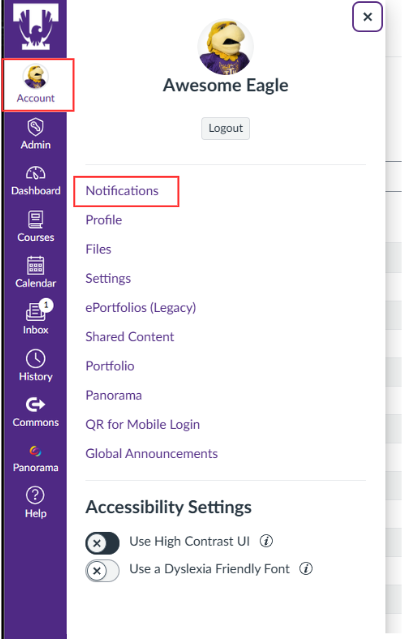 Canvas navigation with Account and Notifications highlighted