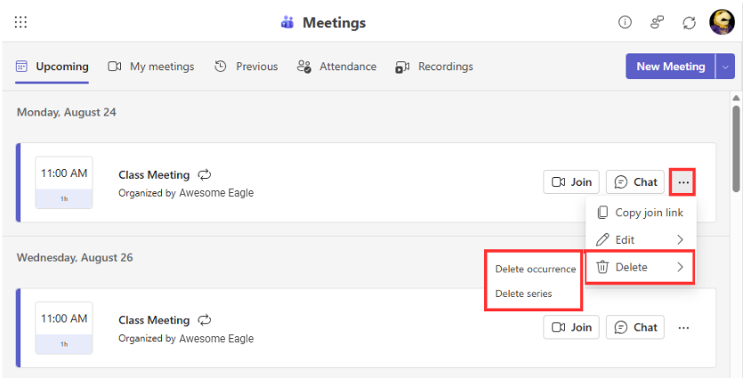 Meeting in Microsoft Education with the More option panel opened and the Delete options highlighted.