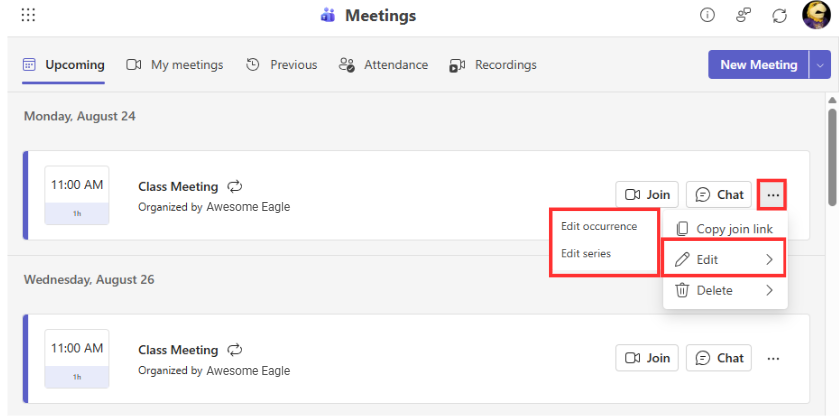Meeting in Microsoft Education with the More option panel opened and the Edit options highlighted.