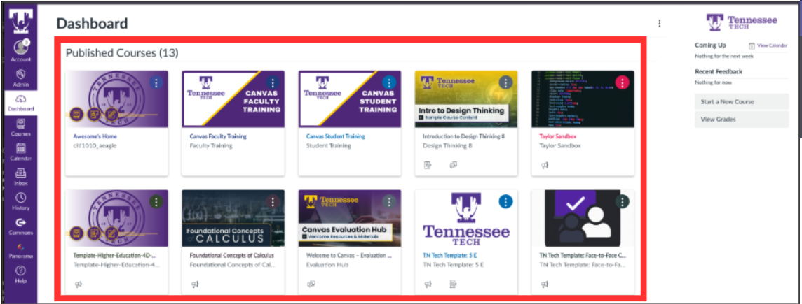 Canvas Dashboard showing published courses