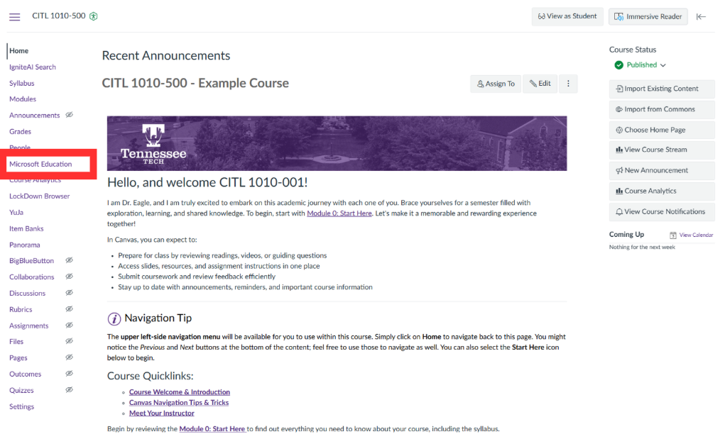 Canvas course navigation with Microsoft Education highlighted