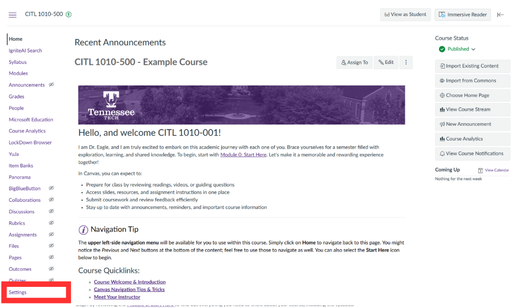 Canvas course navigation with Settings highlighted