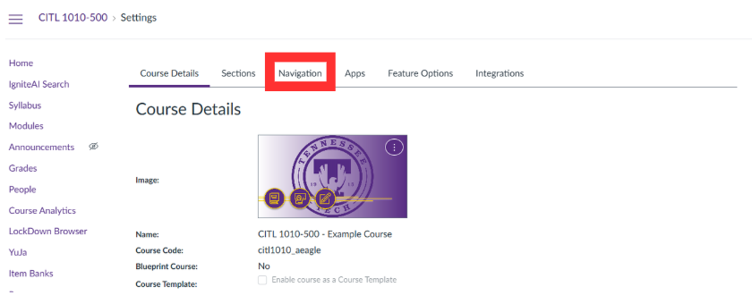 Setting page with the Navigation tab highlighted in the top navigation bar