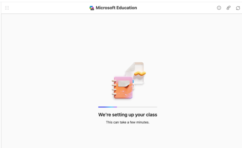 Icon of a notebook and message displaying "we are setting up your class, this can take a few minutes".