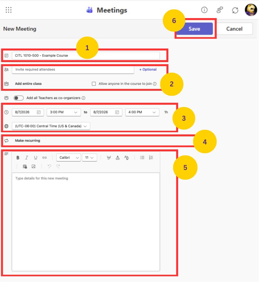 Teams invitation with the different fields of informations highlighted and numbered