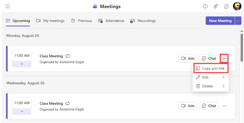 A meeting in Microsoft Education with the More Options panel opened and the Copy Join Link option highlighted.