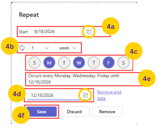 Recurring pattern window with the different fields highlighted and numbered