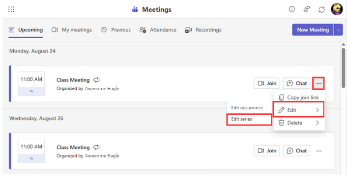 Metting in Microsoft Education with the More options panel open and the Edit options highlighted