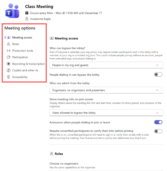 Meeting Settings page with the navigation panel highlighted