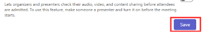 Save button highlighted on the Meeting settings page