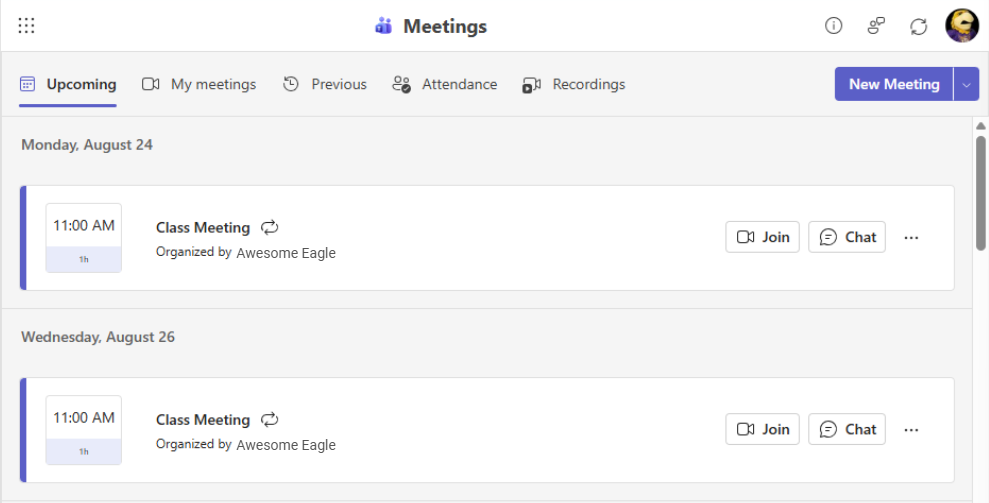 Microsoft Education page with a list of scheduled meetings