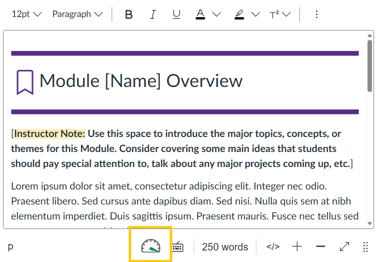 Accessibility gauge icon for report within Rich Content Editor
