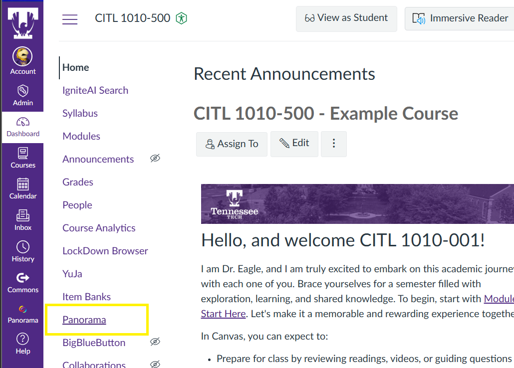 Canvas Course Navigation Bar with Panorama Selected