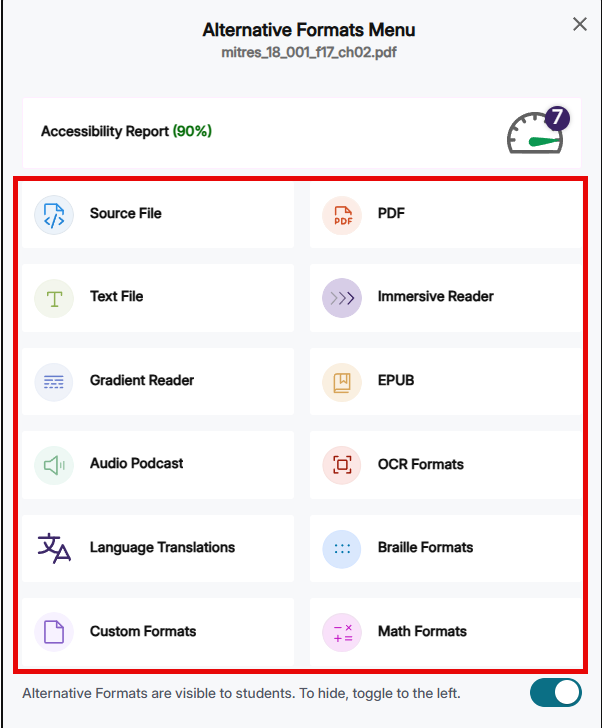 Screenshot of Alternative Formats from an Instructor View