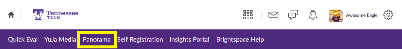 Screenshot of D2L iLearn homepage with Panorama selected in navbar. 