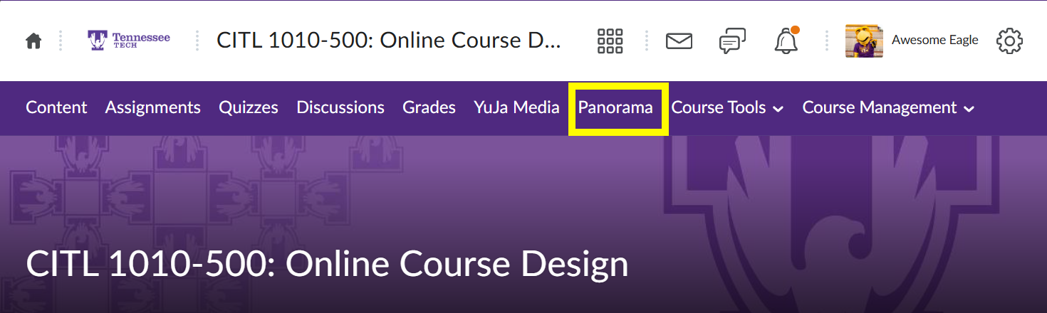 Screenshot of D2L iLearn navbar within a course with Panorama selected.