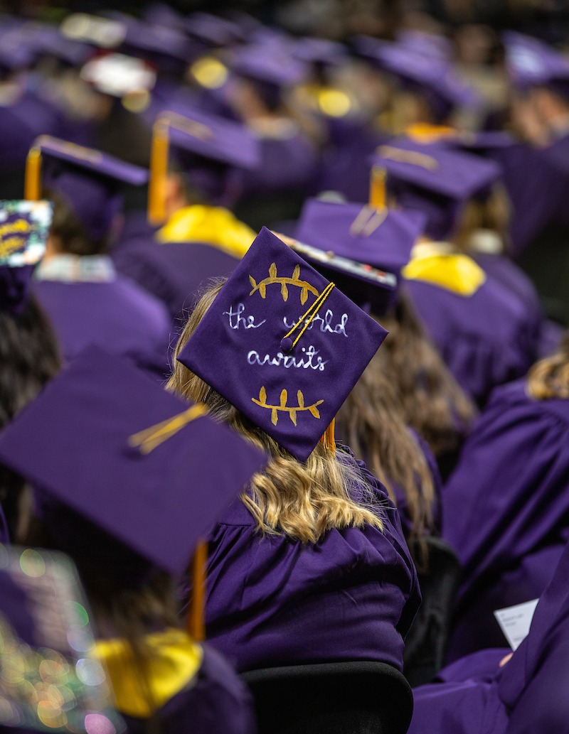 A student's gown cap during a commencement ceremony.