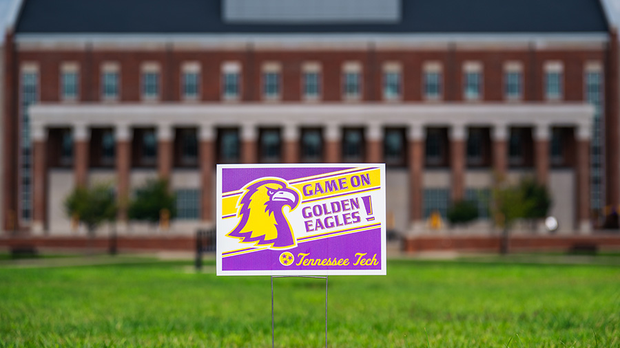 The 2026 spirit yard sign in front of the Science Lab Commons.