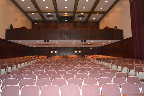 Derryberry Hall auditorium looking from stage to back row.