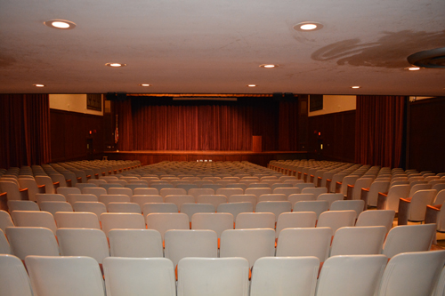 View of Derrberry Hall Auditorium from the back row looking at stage.