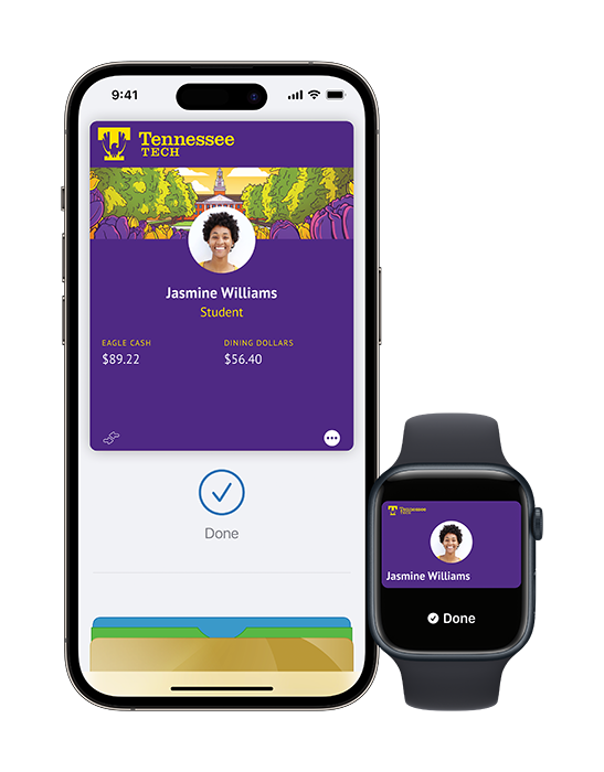 A graphic showing an example of the digital card on an Apple iPhone and Watch.
