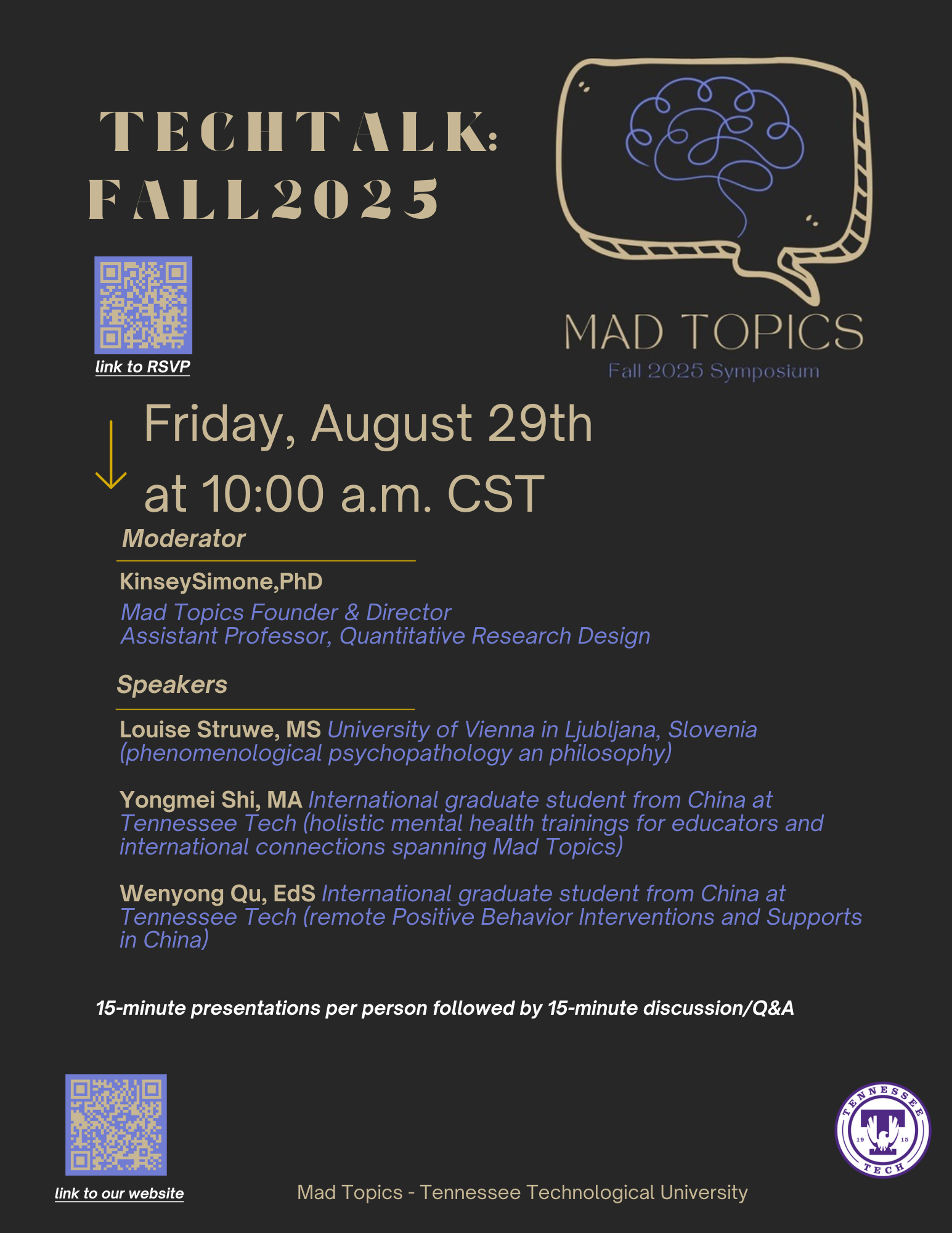 Mad Topics event flyer advertising the speakers