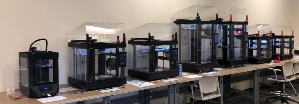 A photo of all 7 iMakerSpace 3D Printers