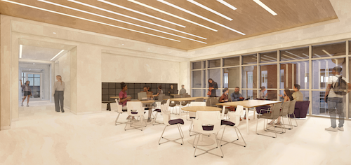 Interior rendering of ACME Building student commons area