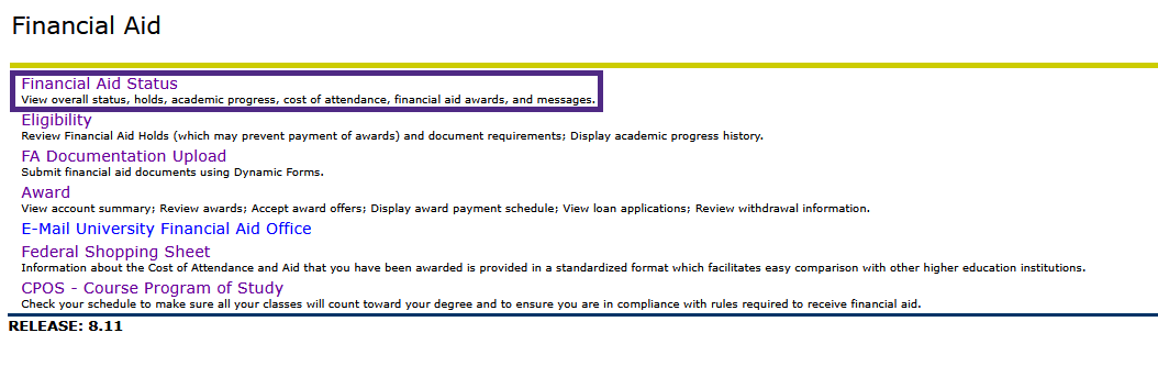 Financial Aid Menu EO