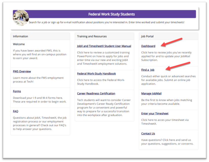 Image of the Federal Work Study Students Main Page on Student Job Portal