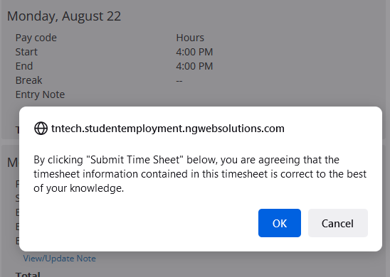submit time sheet popup