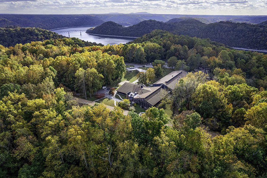Aerial view of the Craft Center with the river in the background.