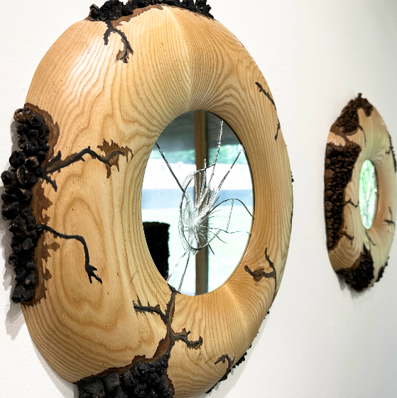 glass mirror with wooden frame