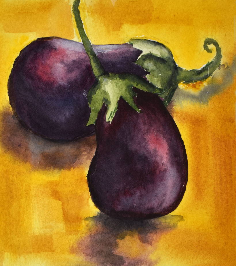 Watercolor painting of eggplants with yellow background