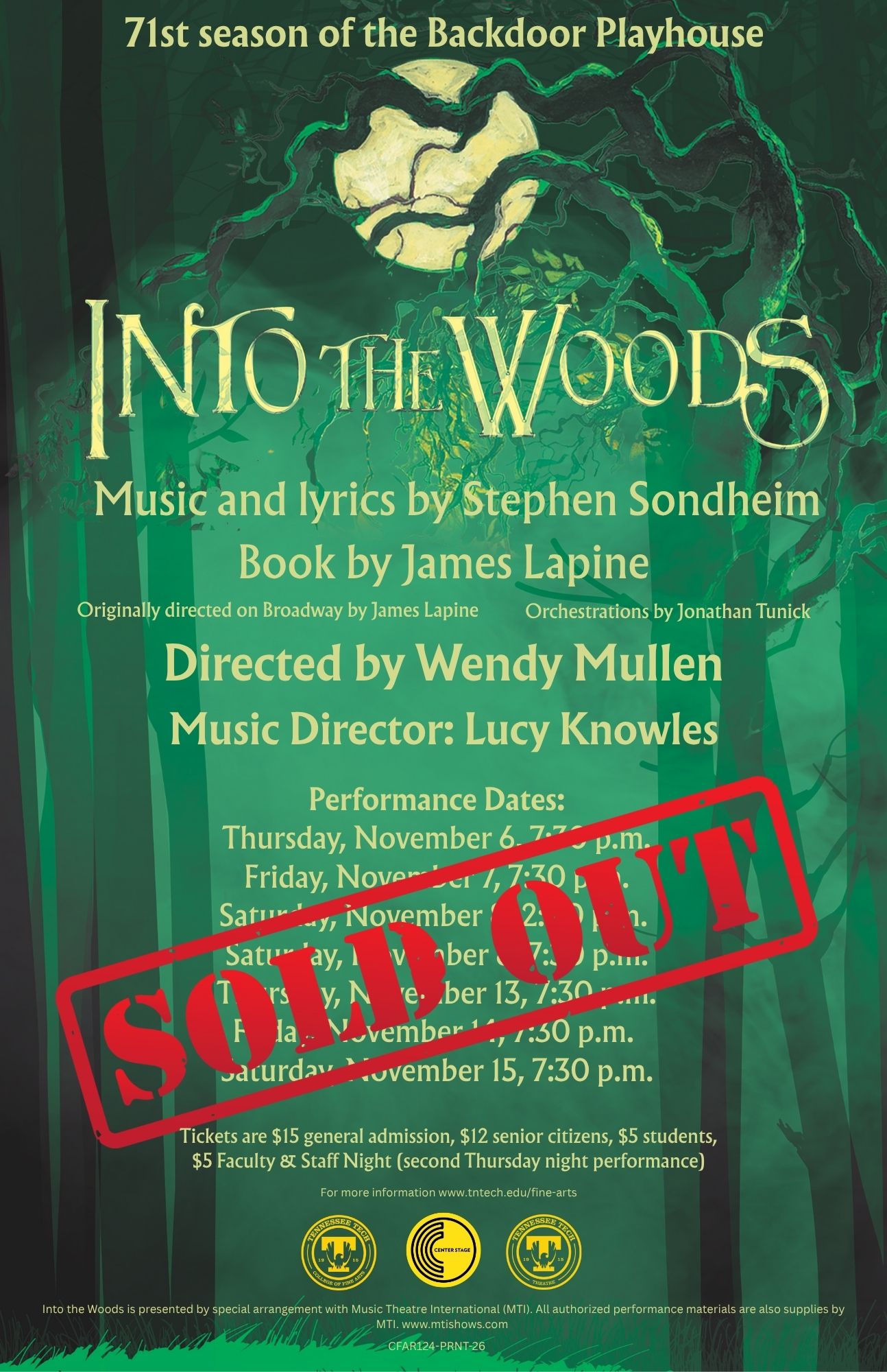 Into the woods Into the woods poster with a sold out sign across it