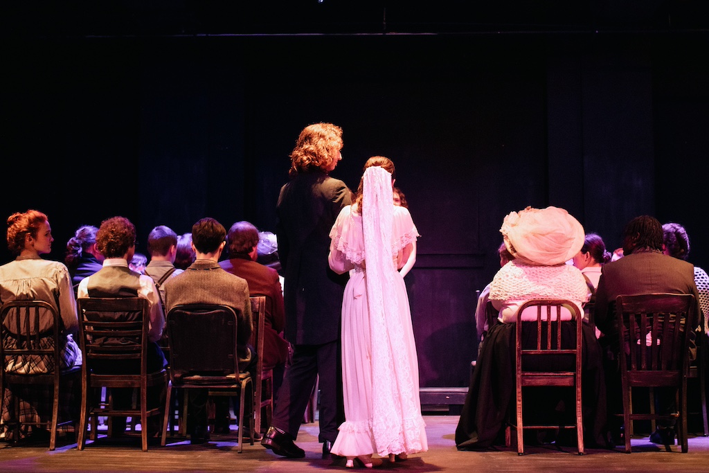 Mr. Webb and Emily Webb at wedding of Our Town on stage at the Backdoor Playhouse 
