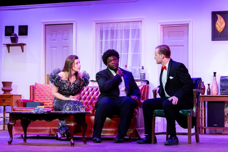 Briley Dempsey, James Howard and Riley Keegan cast of Rumors on stage at the Backdoor Playhouse