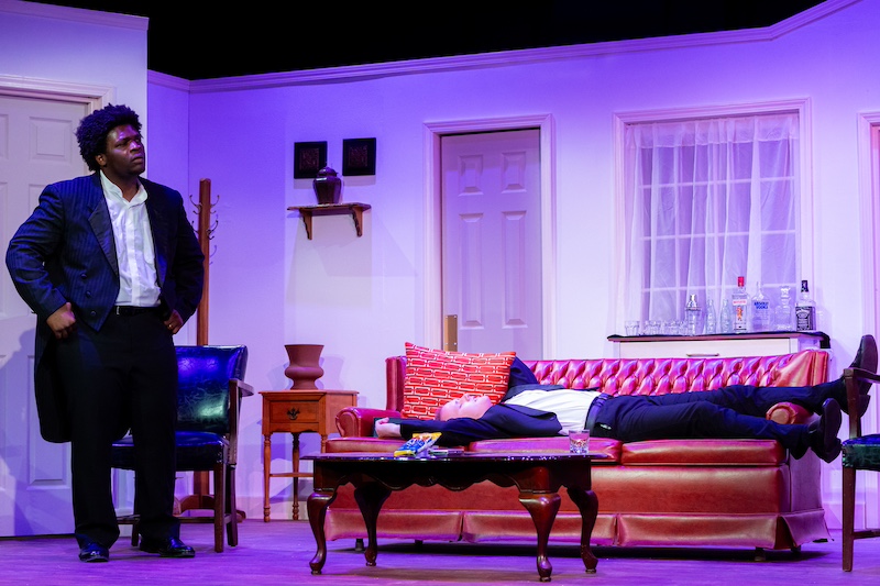 Perry RogeJames Howard and Riley Keegan cast of Rumors on stage at the Backdoor Playhouse