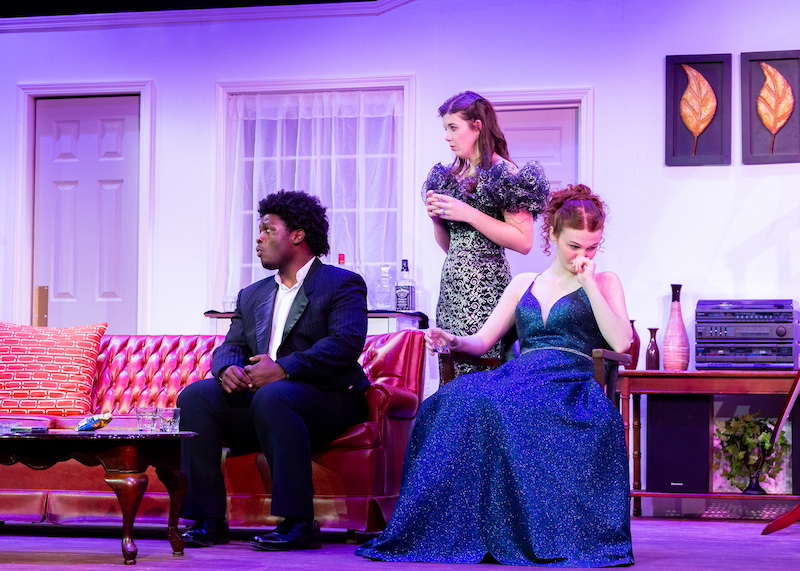 Perry RogerJames Howard, Briley Dempsey, Camilla Raper cast of Rumors on stage at the Backdoor Playhouse