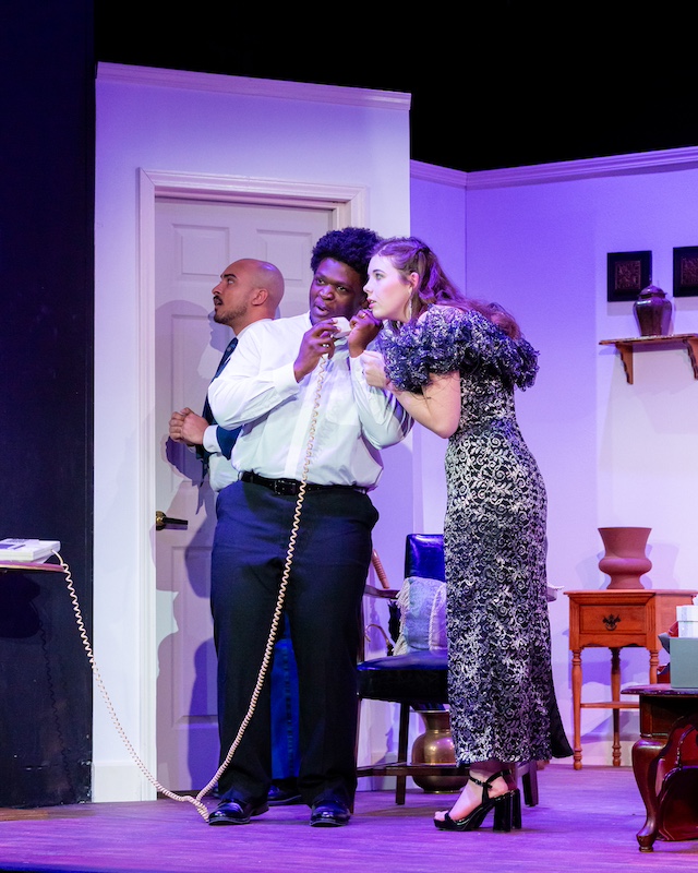 Gabe Tardy, James Howard, and Briley DempseyCast of Rumors on stage at the Backdoor Playhouse