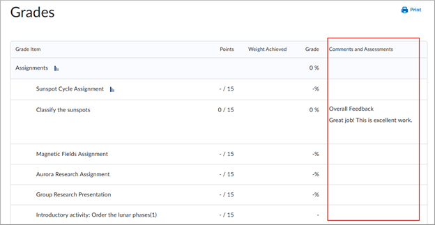 Student view of Comments and Assessments column In Grades.