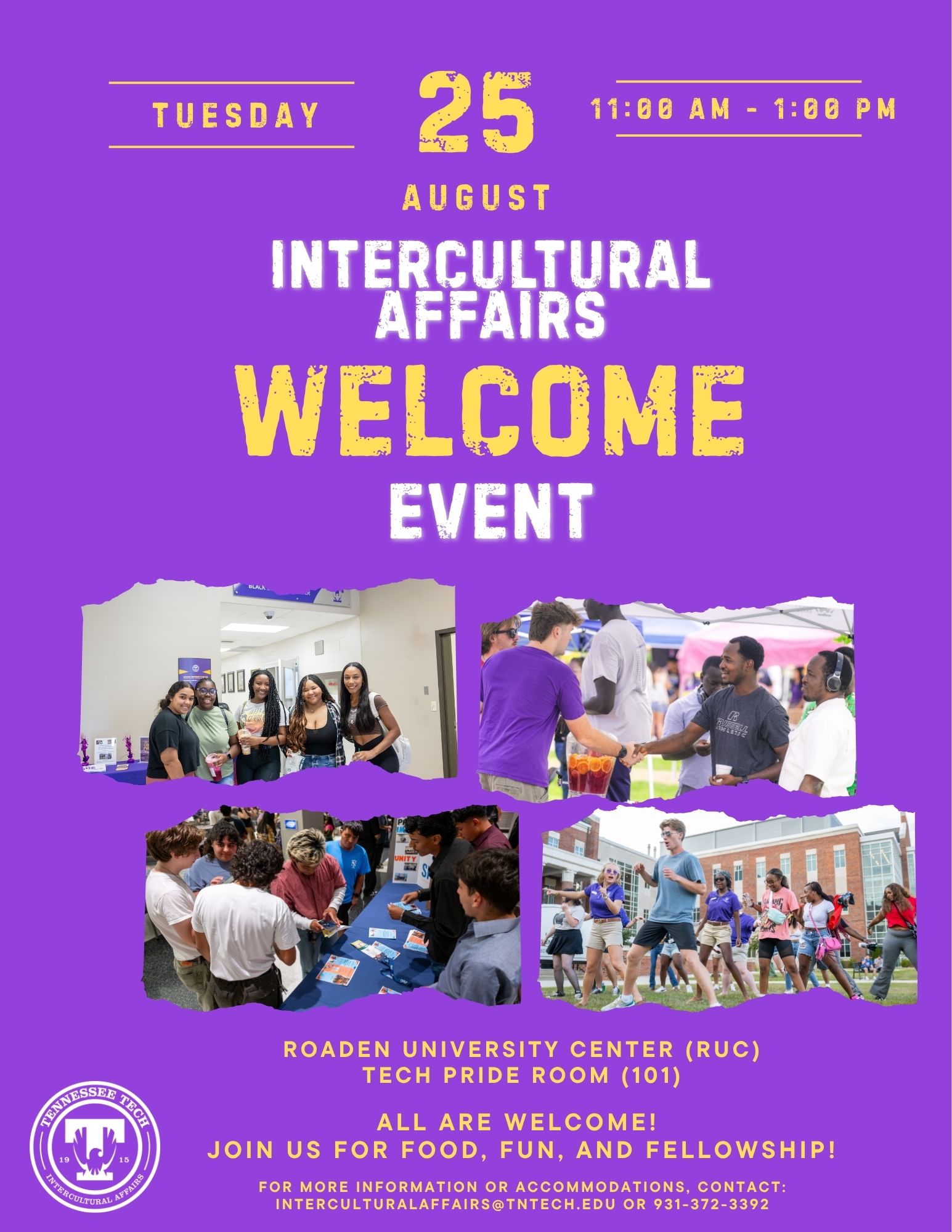 IA Welcome Back Flyer 2026 with purple background and letters in gold